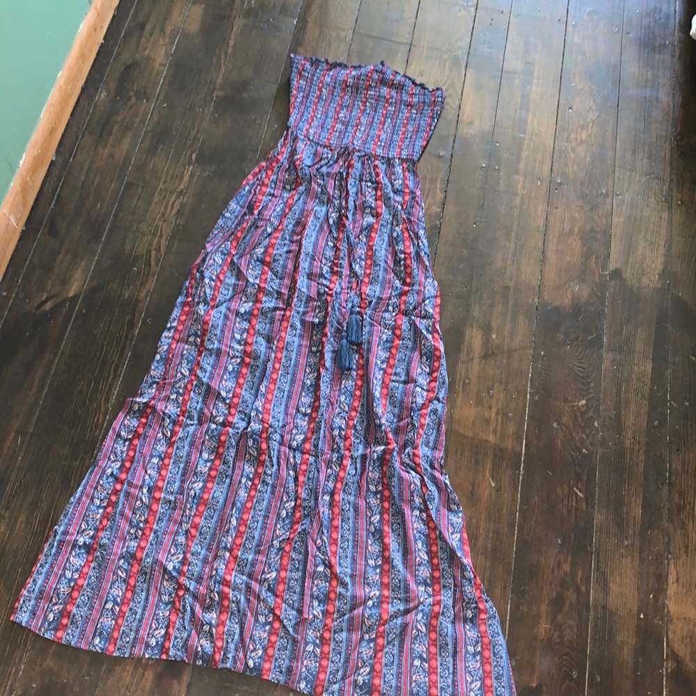 Band of gypsies strapless maxi dress. Red and blue floral.